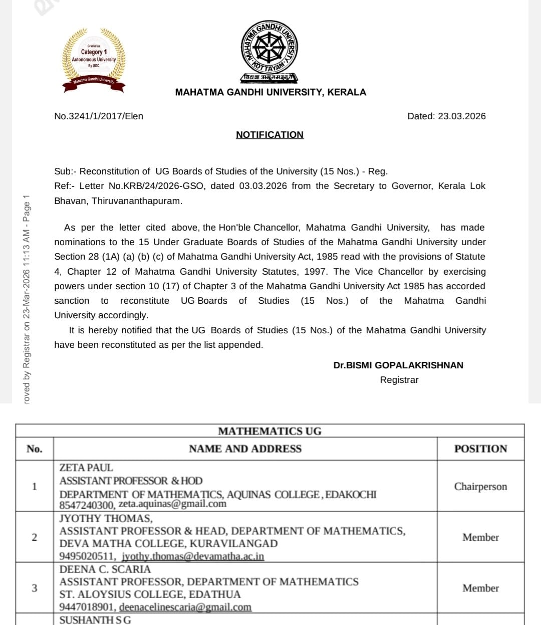 Hearty congratulations to Dr. Deena C. Scaria, Head of the Department of Mathematics, on her nomination by the Chancellor of M. G. University to the UG Board of Studies in Mathematics, with effect from 23 March 2026.